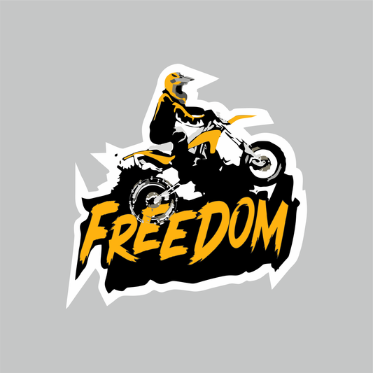 Freedom dirt bike rider motorcycle sticker with black, white and yellow adventure riding graphic