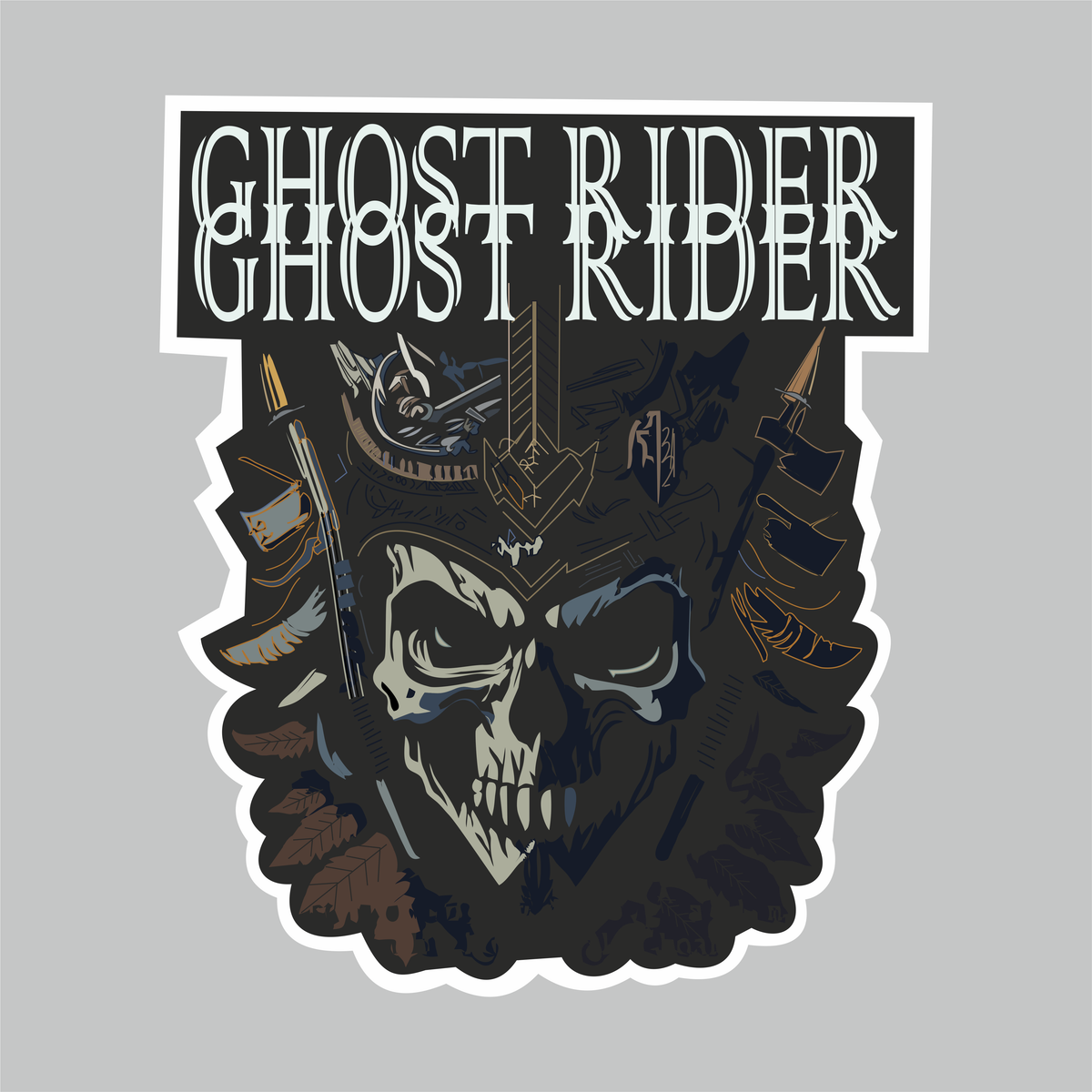 Ghost Rider skull biker motorcycle vinyl sticker with dark graphic design and white die-cut border