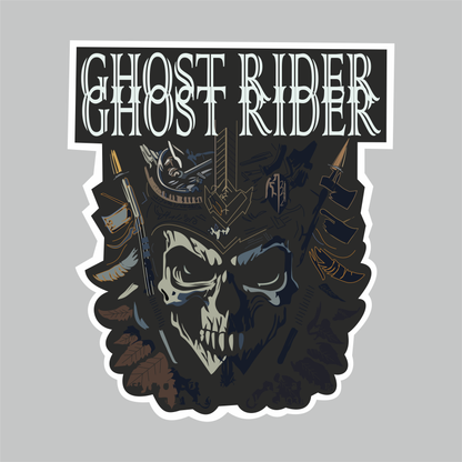 Ghost Rider skull biker motorcycle vinyl sticker with dark graphic design and white die-cut border