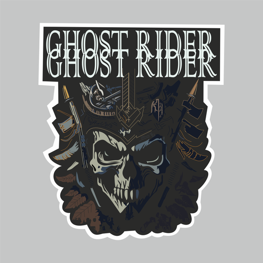 Ghost Rider skull biker motorcycle vinyl sticker with dark graphic design and white die-cut border