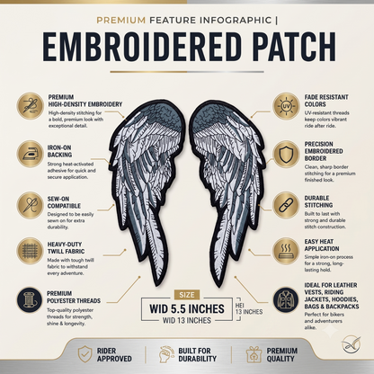 Wings Back Premium Embroidered Patch | Iron-On & Sew-On | 13 × 5.5 Inches