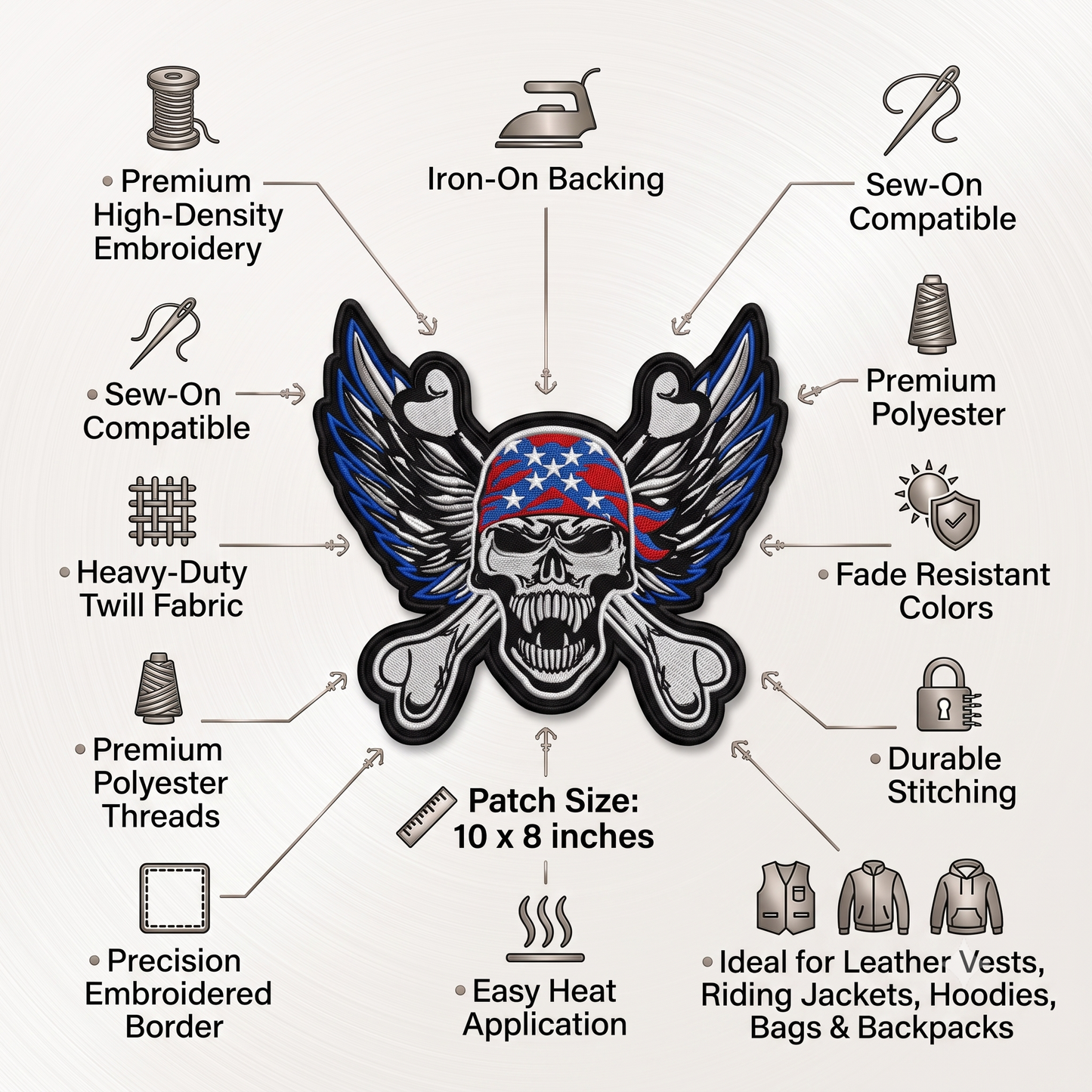 Skul With Wings Pack Patch Embroidered 10*8 inches