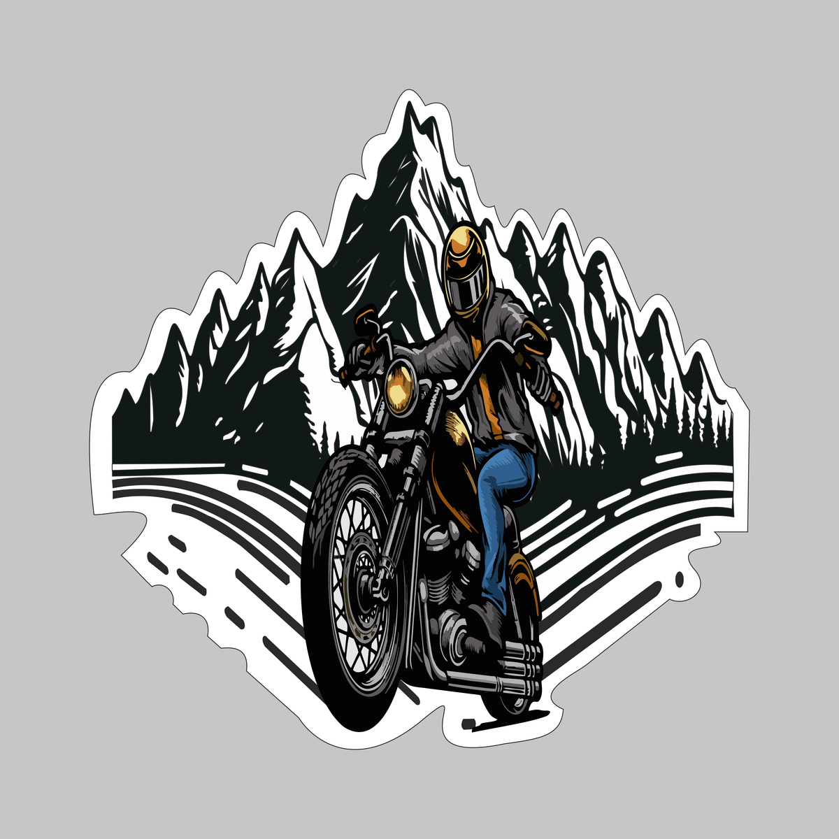 Hill Rider motorcycle sticker with biker riding through mountain road artwork