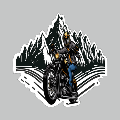 Hill Rider motorcycle sticker with biker riding through mountain road artwork