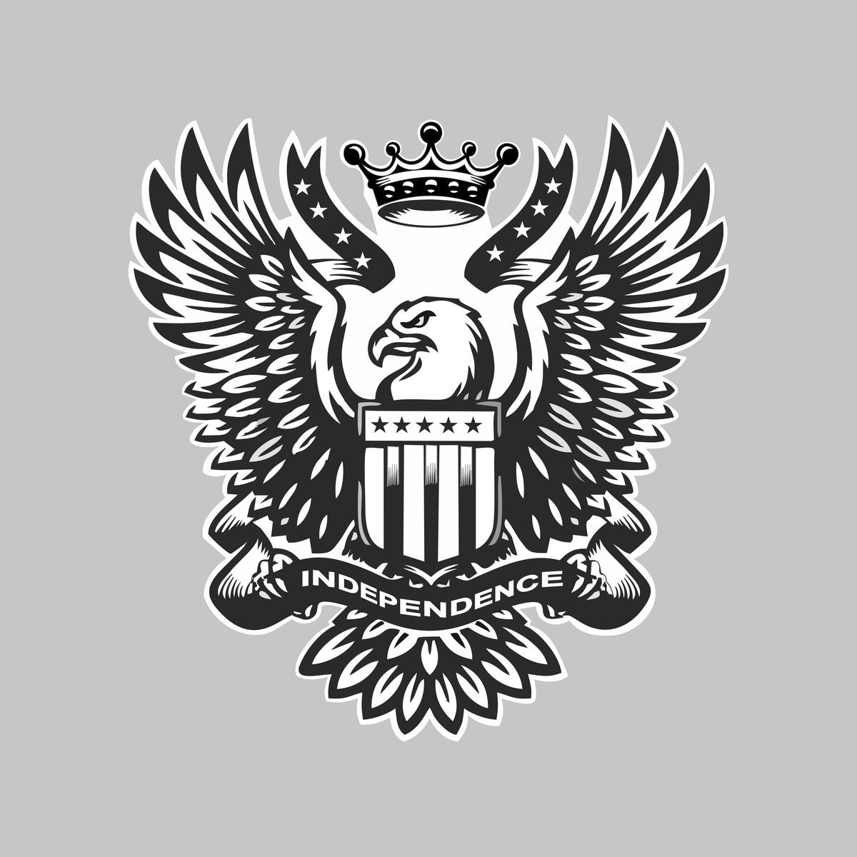 Independence eagle motorcycle sticker featuring crowned eagle, spread wings, striped shield and Independence banner in black and white