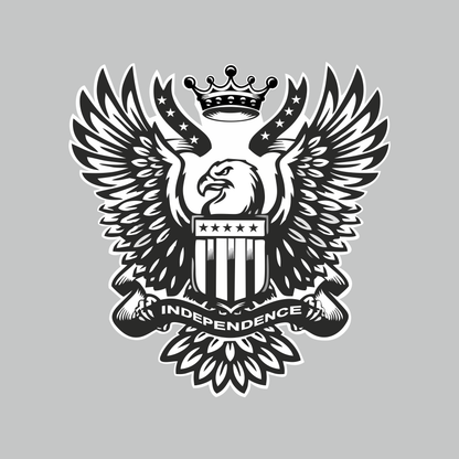 Independence eagle motorcycle sticker featuring crowned eagle, spread wings, striped shield and Independence banner in black and white