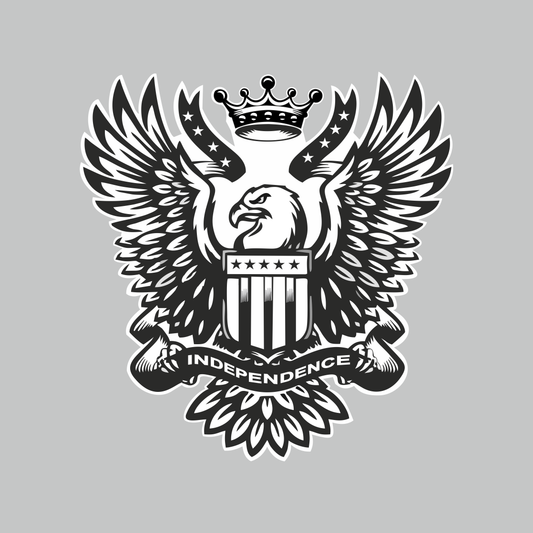 Independence eagle motorcycle sticker featuring crowned eagle, spread wings, striped shield and Independence banner in black and white