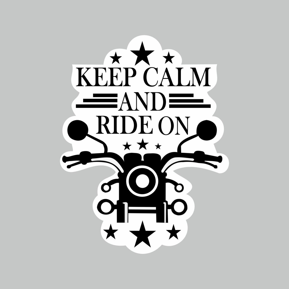Keep Calm and Ride On motorcycle sticker featuring black bike handlebar graphic, stars and bold biker typography