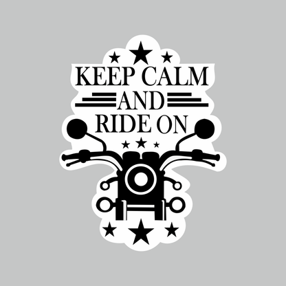 Keep Calm and Ride On motorcycle sticker featuring black bike handlebar graphic, stars and bold biker typography