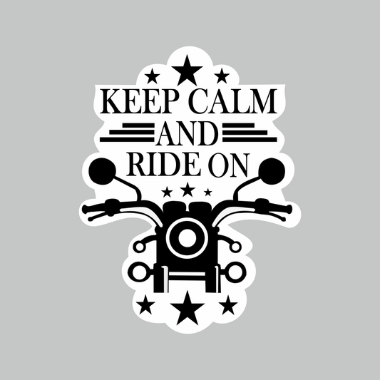 Keep Calm and Ride On motorcycle sticker featuring black bike handlebar graphic, stars and bold biker typography