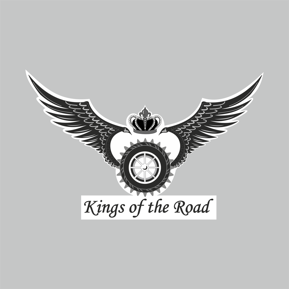 King of the Road motorcycle sticker featuring black winged wheel, crown and classic biker lettering