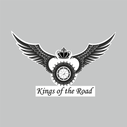 King of the Road motorcycle sticker featuring black winged wheel, crown and classic biker lettering