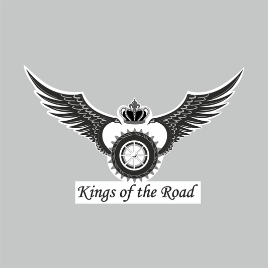 King of the Road motorcycle sticker featuring black winged wheel, crown and classic biker lettering