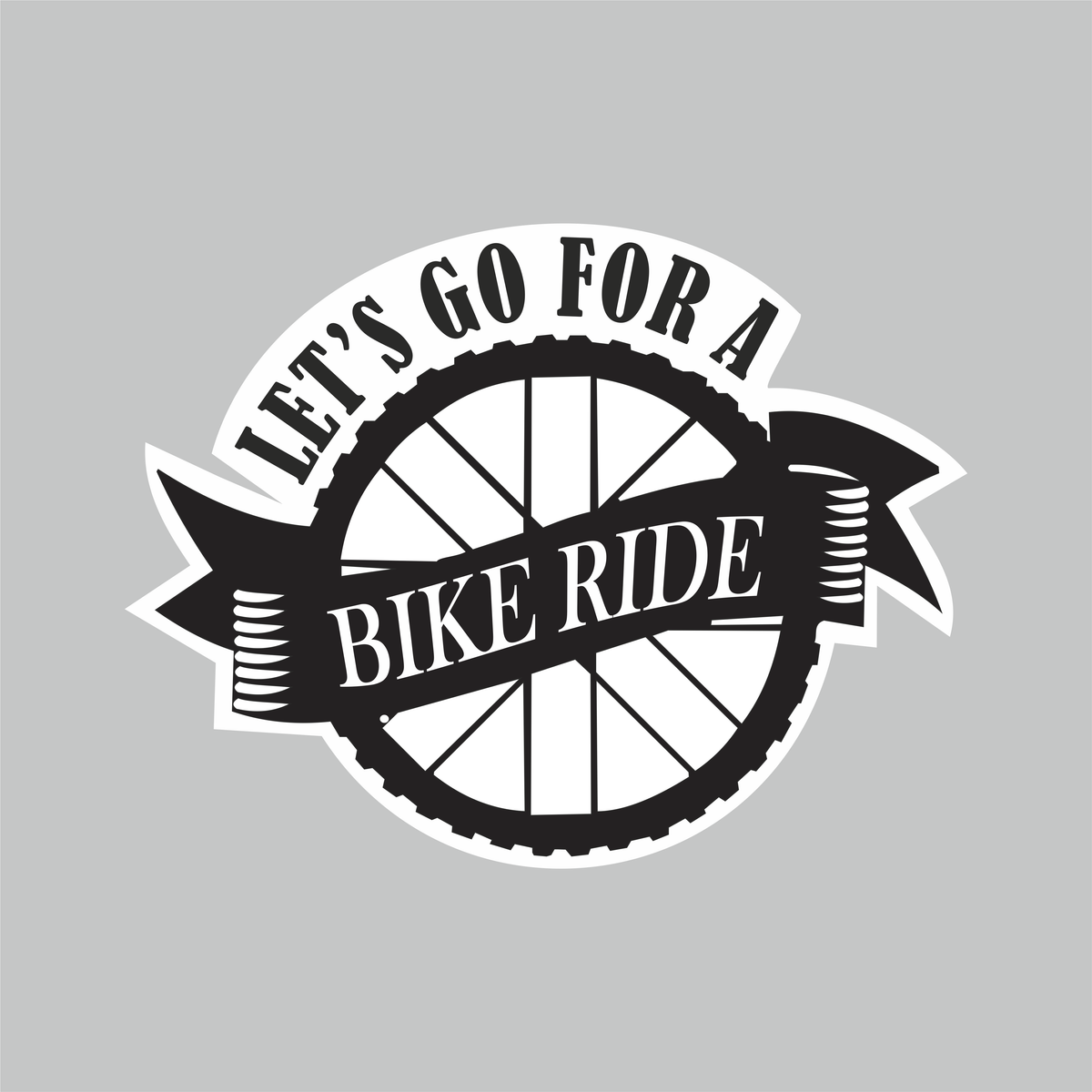 Let’s Go for a Bike Ride motorcycle sticker featuring black and white wheel design with classic Bike Ride banner