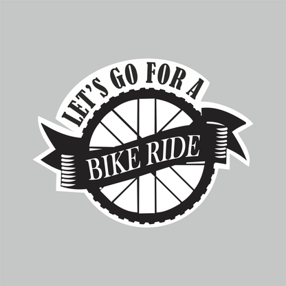 Let’s Go for a Bike Ride motorcycle sticker featuring black and white wheel design with classic Bike Ride banner