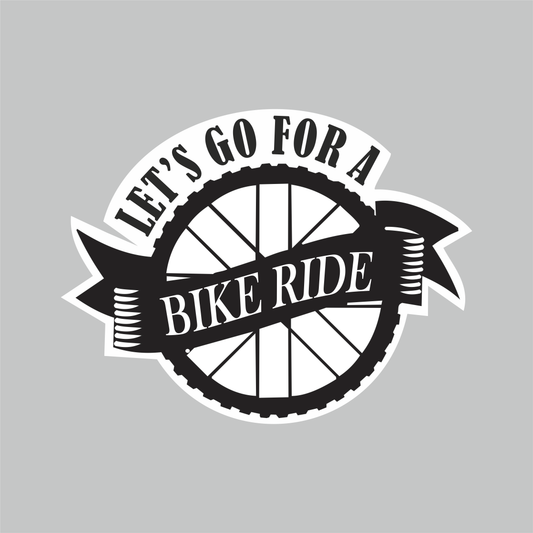 Let’s Go for a Bike Ride motorcycle sticker featuring black and white wheel design with classic Bike Ride banner