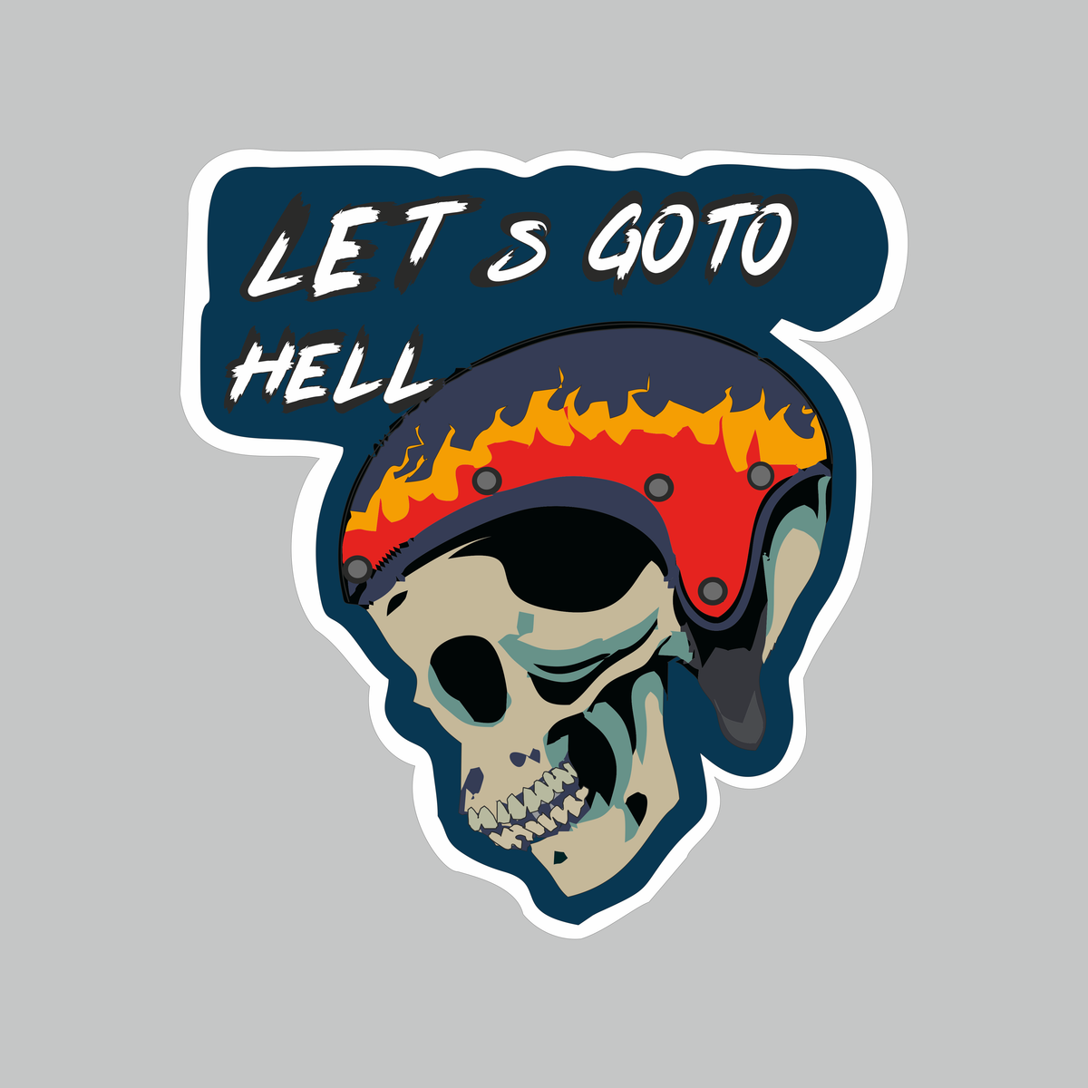 Let’s Go to Hell biker sticker featuring skull with flaming motorcycle helmet and dark blue die-cut design