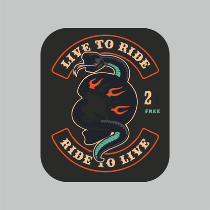Live to Ride Ride to Live motorcycle sticker featuring snake, biker helmet and flame artwork on black background