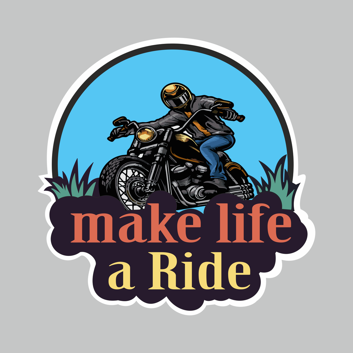 Make Life a Ride biker vinyl sticker featuring motorcycle rider artwork with blue background and bold orange and yellow lettering