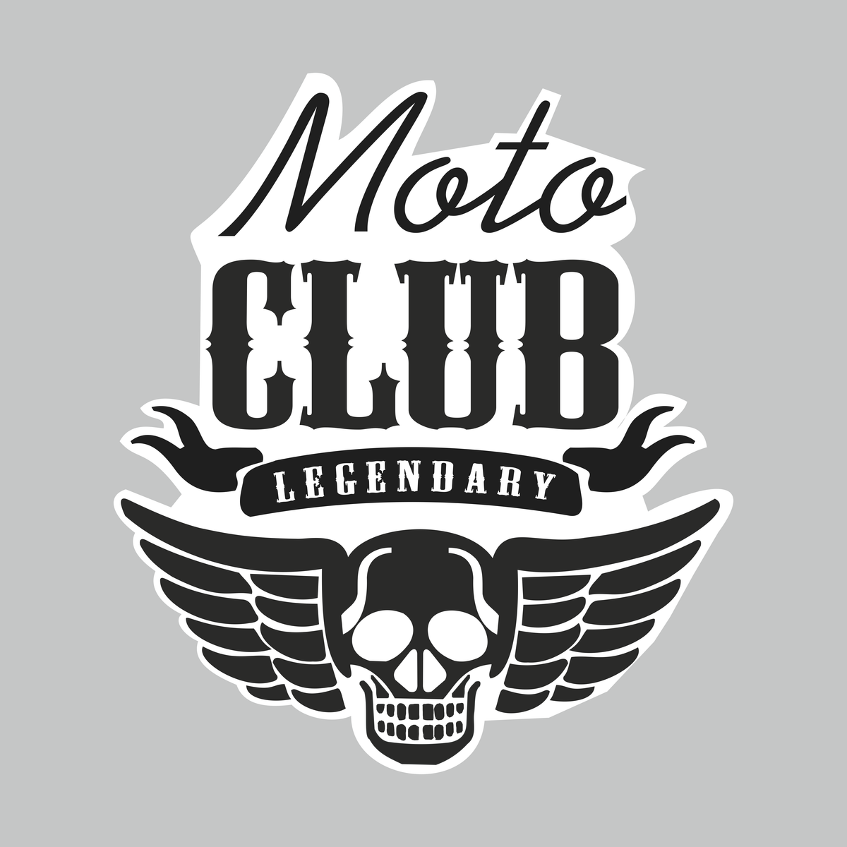 Moto Club Legendary black and white biker vinyl sticker featuring winged skull artwork and bold Moto Club Legendary lettering