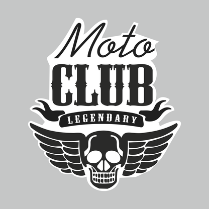 Moto Club Legendary black and white biker vinyl sticker featuring winged skull artwork and bold Moto Club Legendary lettering