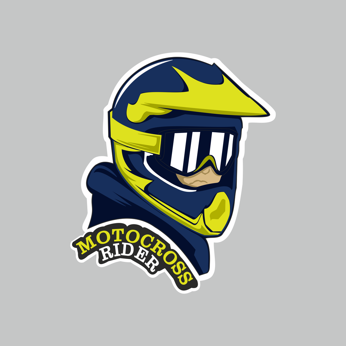 Motocross Biker blue and yellow helmet rider vinyl sticker with bold Motocross Rider lettering and white die-cut border