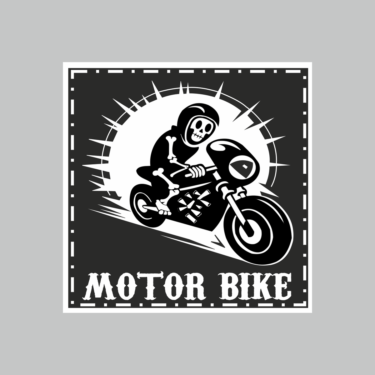 Motor Bike skeleton rider black and white vinyl sticker featuring skeleton biker motorcycle artwork and bold Motor Bike lettering