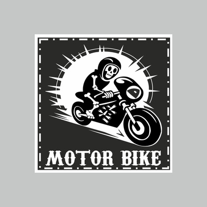 Motor Bike skeleton rider black and white vinyl sticker featuring skeleton biker motorcycle artwork and bold Motor Bike lettering