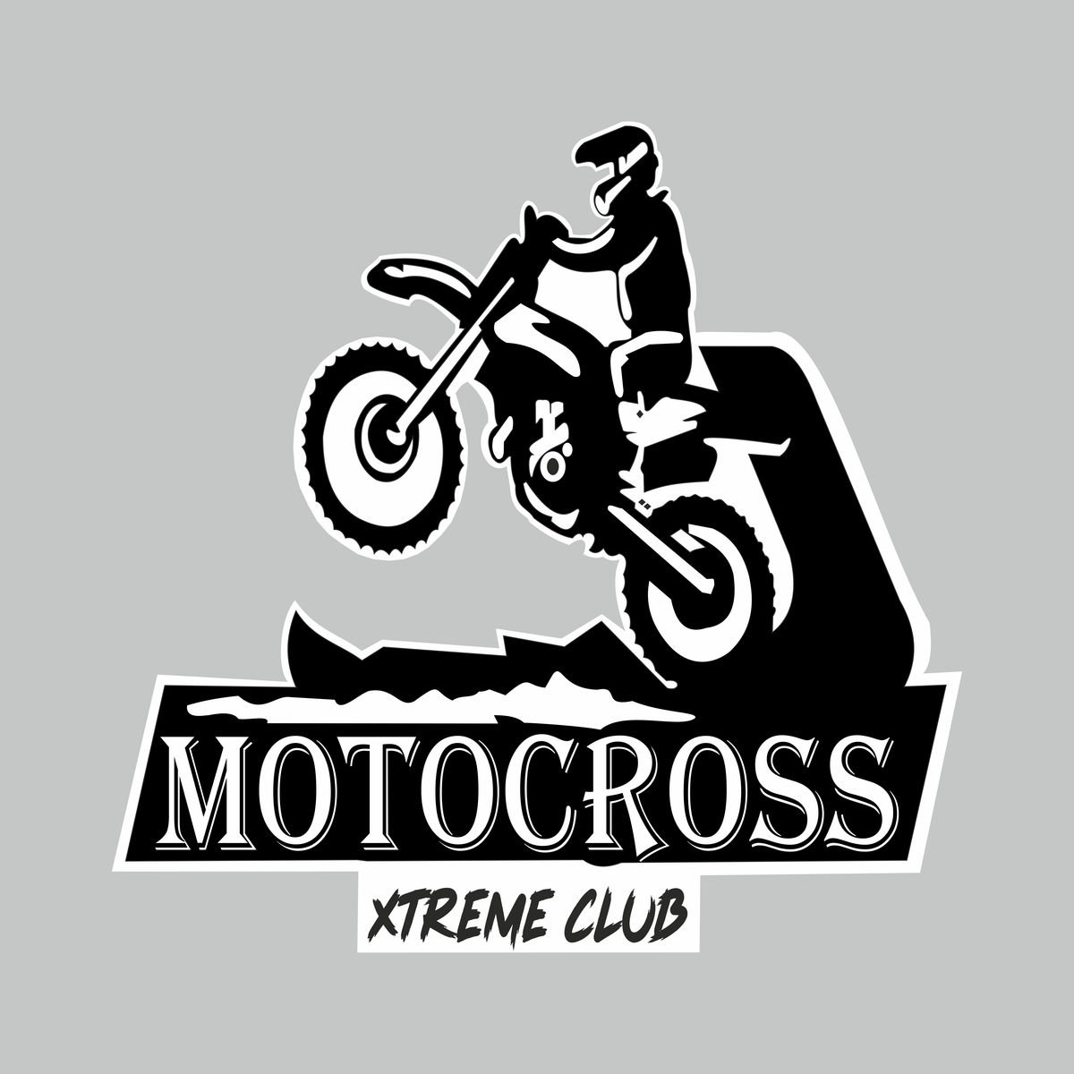 Motocross Xtreme Club black and white vinyl sticker featuring motocross rider jumping on dirt bike