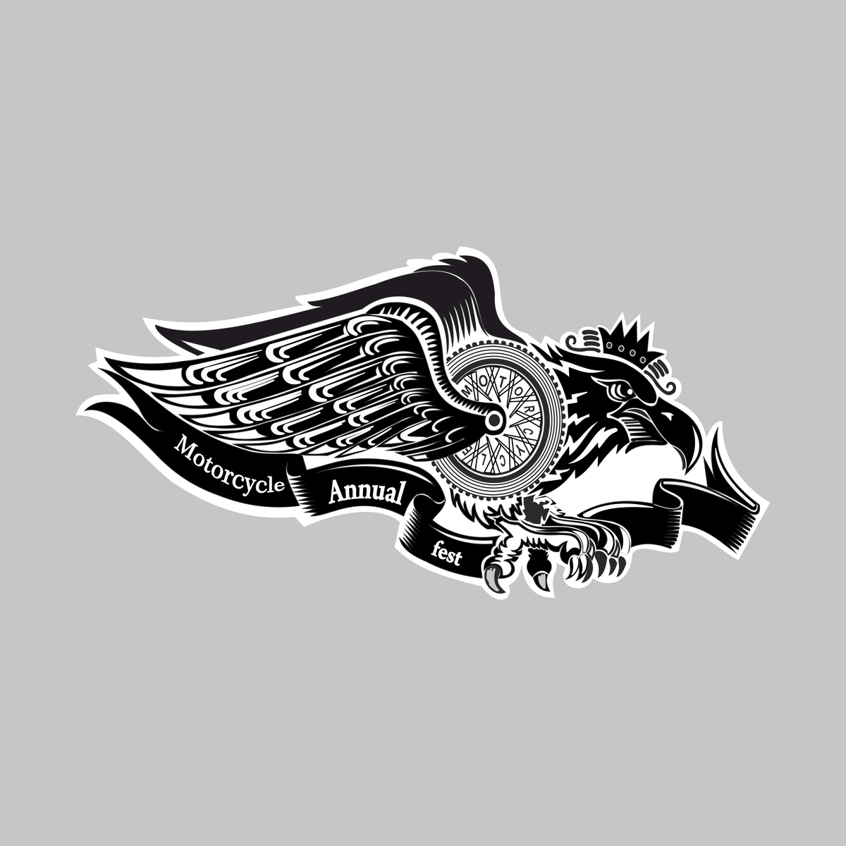 Motorcycle Annual Fest sticker with black and white eagle, motorcycle wheel and wing artwork
