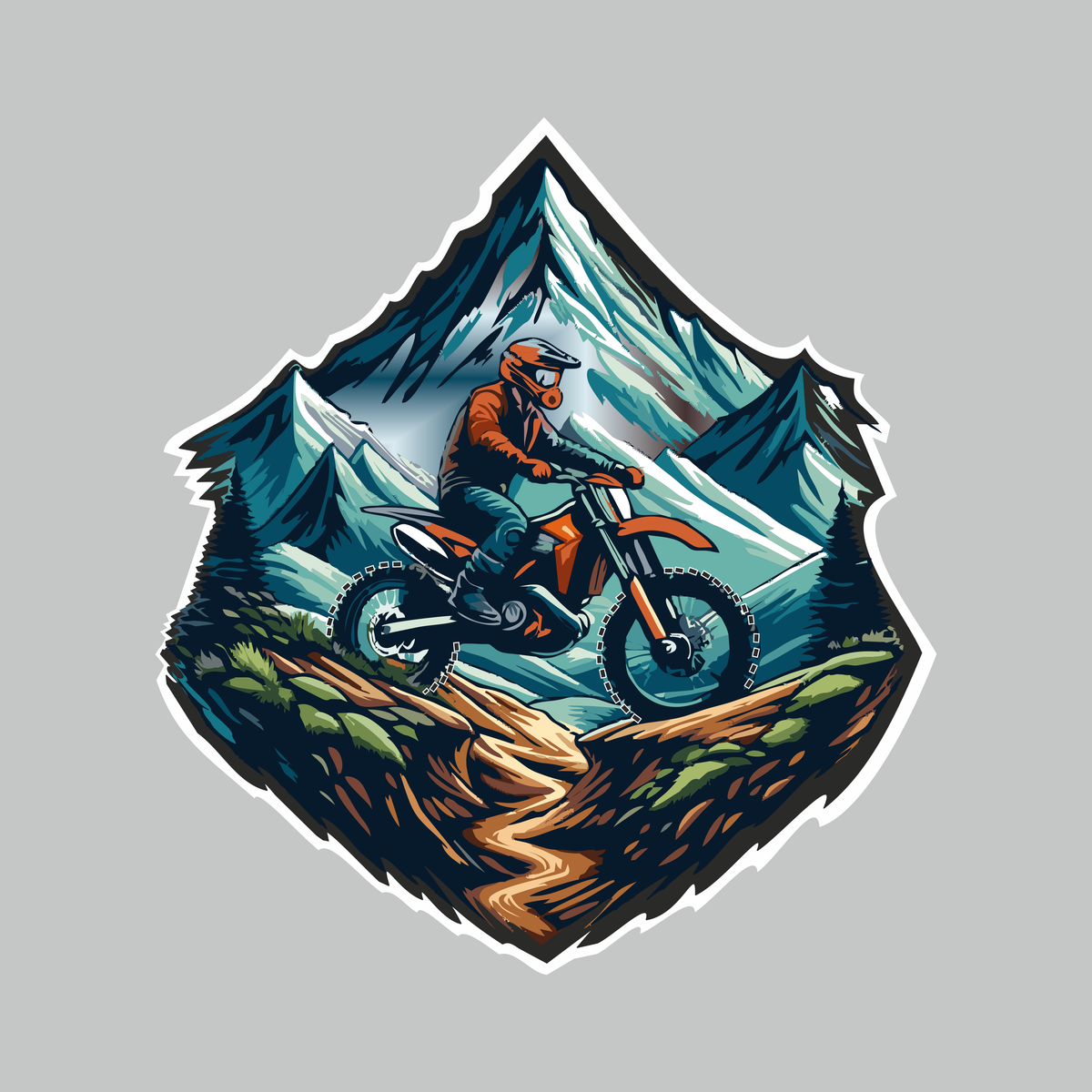 Racing Biker on Hill sticker featuring off-road motorcycle rider, mountain peaks and scenic trail artwork