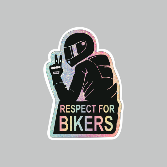 Respect for Bikers Motorcycle Sticker with helmeted biker, peace hand gesture and multicolor holographic-style design