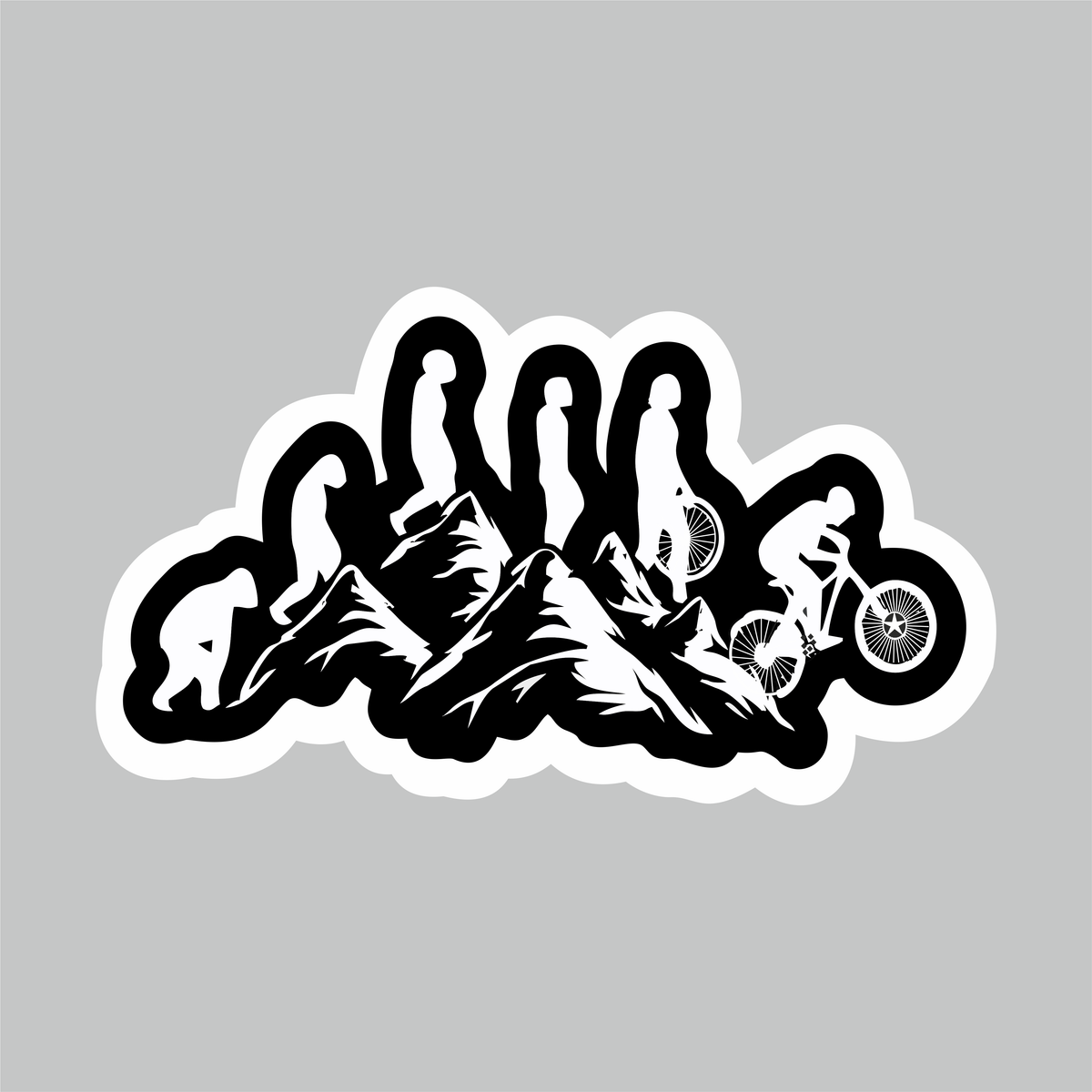 Ride Cycling on Hill mountain sticker with cyclist silhouettes, mountain peaks and black white die-cut design