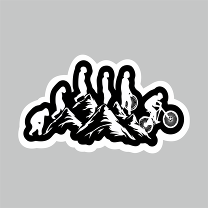 Ride Cycling on Hill mountain sticker with cyclist silhouettes, mountain peaks and black white die-cut design