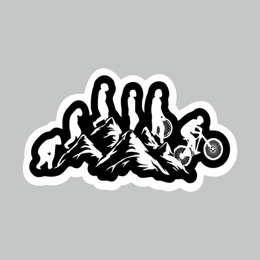 Ride Cycling on Hill mountain sticker with cyclist silhouettes, mountain peaks and black white die-cut design