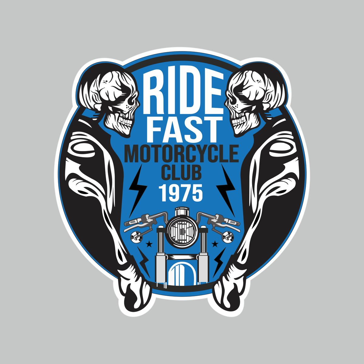 Ride Fast Motorcycle Club 1975 biker sticker with skull riders, motorcycle graphic and blue black white artwork