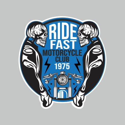 Ride Fast Motorcycle Club 1975 biker sticker with skull riders, motorcycle graphic and blue black white artwork