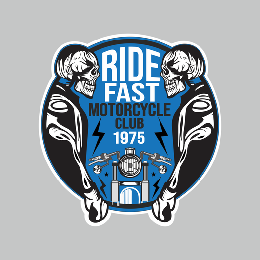 Ride Fast Motorcycle Club 1975 biker sticker with skull riders, motorcycle graphic and blue black white artwork