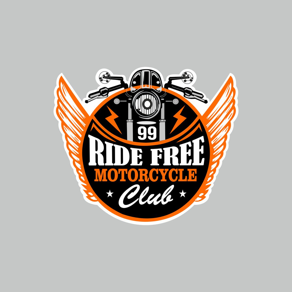 Ride Free Motorcycle Club motorcycle sticker with orange wings and black white biker design