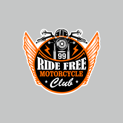 Ride Free Motorcycle Club motorcycle sticker with orange wings and black white biker design