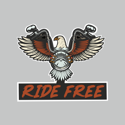 Ride Free Motorcycle Sticker featuring eagle, motorcycle handlebars and bold orange Ride Free lettering with white die-cut border