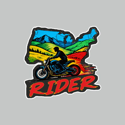 Rider Motorcycle Sticker with colorful mountain landscape and biker artwork