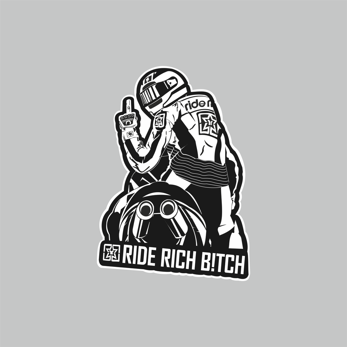 RIDE RICH BITCH Motorcycle Sticker featuring black and white helmeted biker artwork and bold slogan design