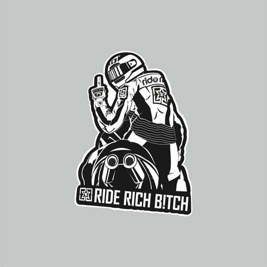 RIDE RICH BITCH Motorcycle Sticker featuring black and white helmeted biker artwork and bold slogan design