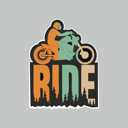 RIDE Motorcycle Sticker featuring orange and green motorcyclist artwork with bold RIDE lettering