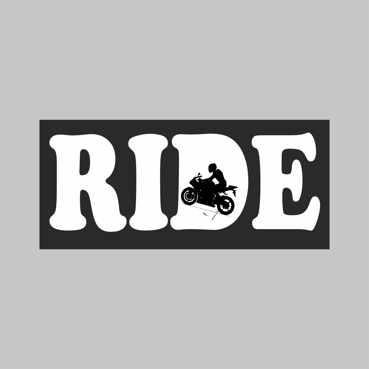 RIDE Motorcycle Sticker with bold white lettering and motorcycle rider silhouette on black background