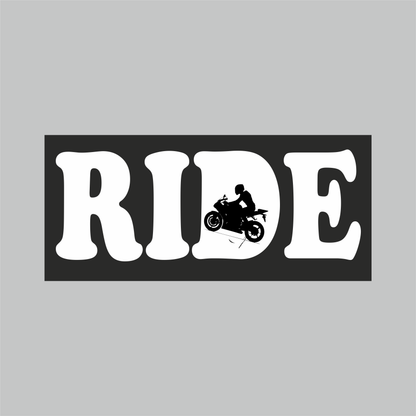 RIDE Motorcycle Sticker with bold white lettering and motorcycle rider silhouette on black background