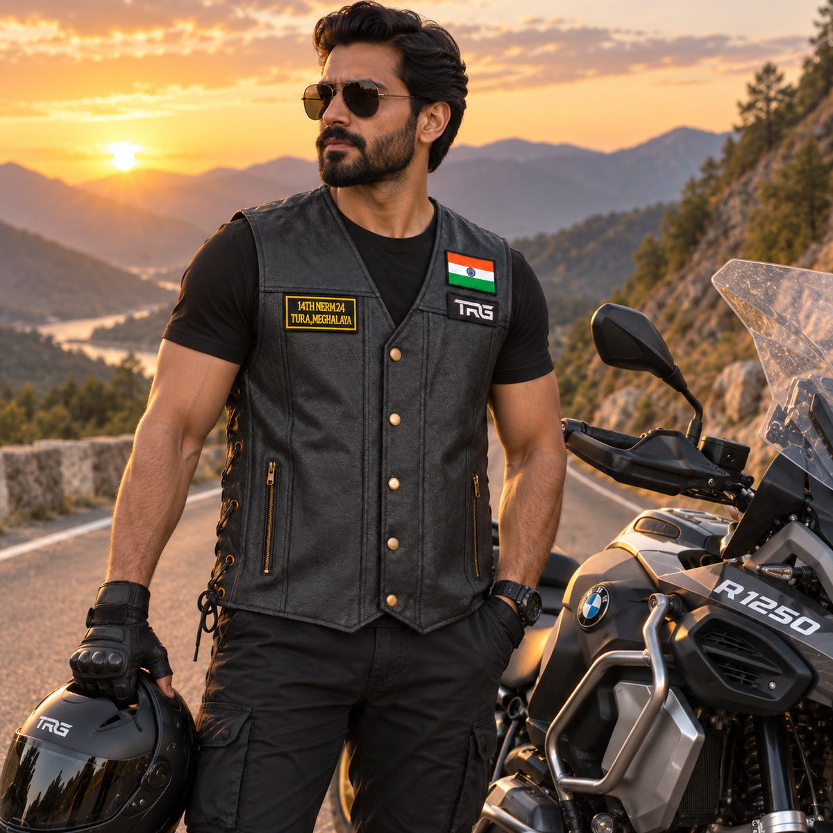 Motorcycle rider wearing black riding vest with 14th NERM Meghalaya Patch beside an adventure motorcycle on a mountain road