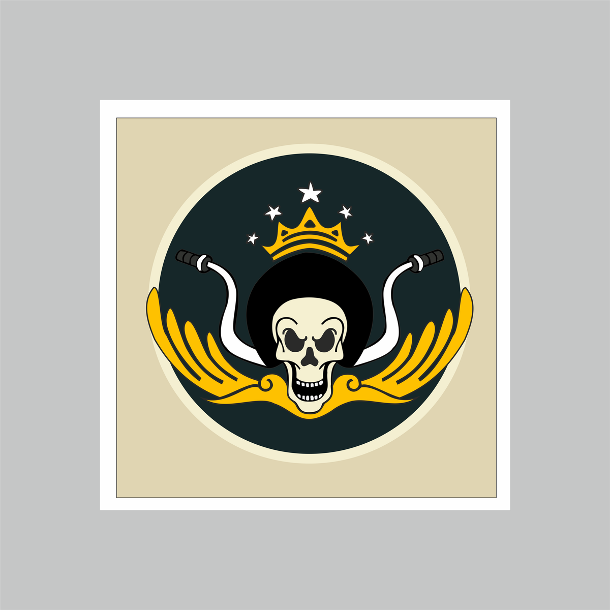 Skeleton King Fell Sticker with crowned skull, golden wings and motorcycle handlebars on premium square vinyl decal