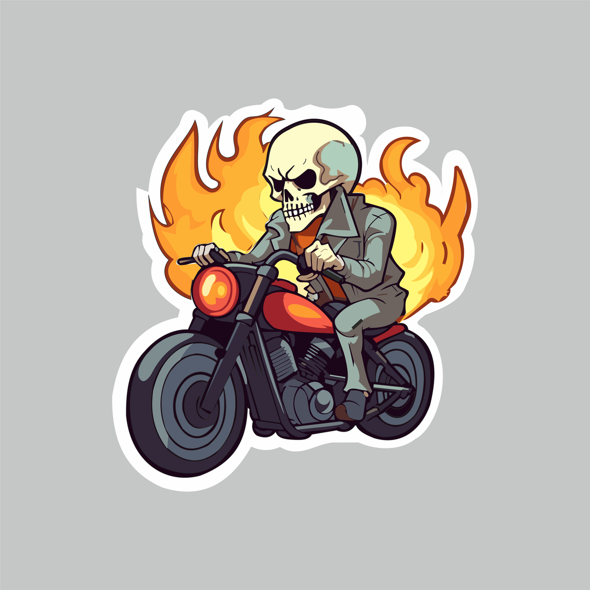 Skeleton Fiery Bike Sticker with skull rider on motorcycle, orange flames and white die-cut border